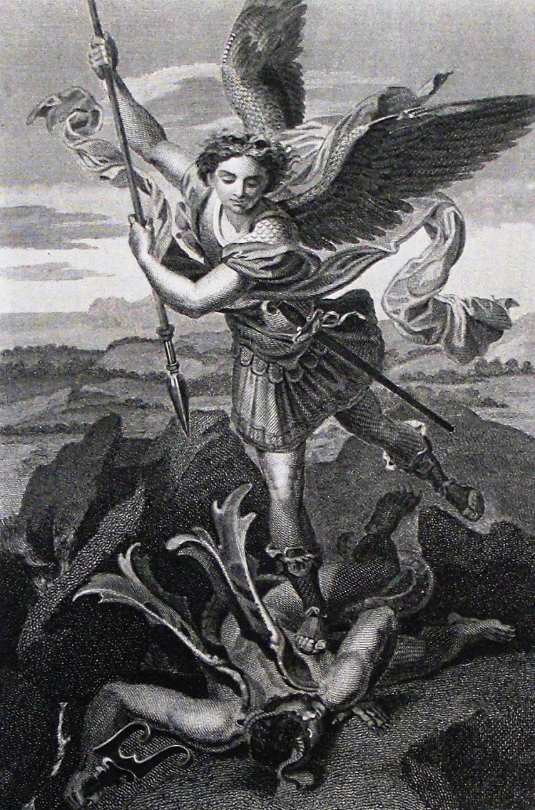 Michael kills Satan. Revelation cap 12 vv 7-9. Raphael