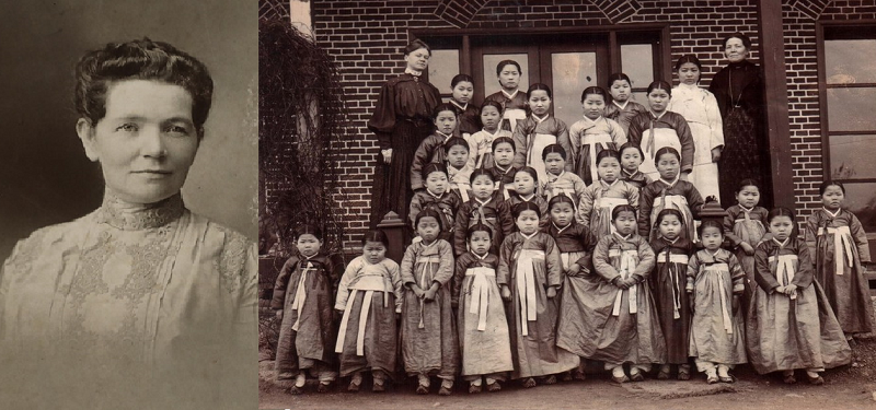 조세핀 캠벨 선교사와 배화학당 학생들 오른쪽 상단이 캠벨 선교사(1904)