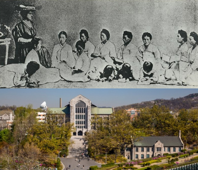 사진 위 ; 메리스크랜튼 선교사와 학생들 사진 아래 : 오늘날 이화여자대학교