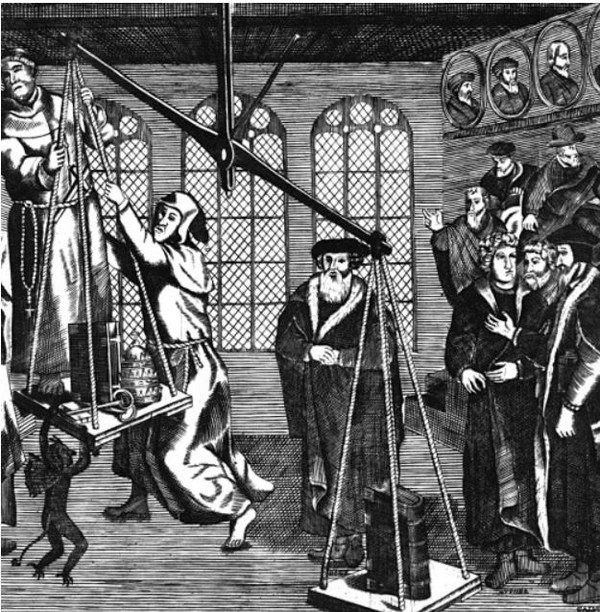 위제 알라드의 ‘성경의 무게’(1562년). 성경의 무게는 교황을 비롯한 모든 인간이 기록한 책의 권위보다 더 무겁다는 것을 말해주고 있다. 장 칼뱅을 비롯한 종교개혁자들이 성경 뒤쪽에 서 있다.