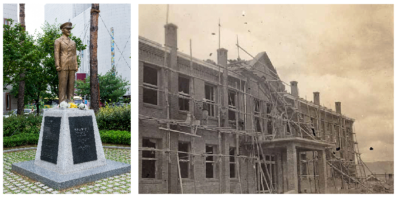 윌리엄쇼 동상과 1956년 목원대 신학관 준공 당시 모습(윌리엄쇼는 1954년 부터 재직)