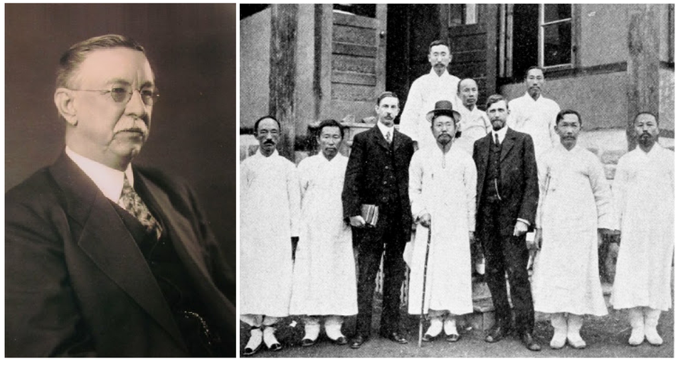 왼쪽, 사무엘 오스틴 마펫 (Samuel Austin Moffett, 1864. 1. 25 ~ 1939. 10. 24)오른쪽, 평양 장대현교회 앞에서 가운데 왼쪽부터 사무엘 마펫 선교사, 길선주 목사, 그레이엄 리 선교사