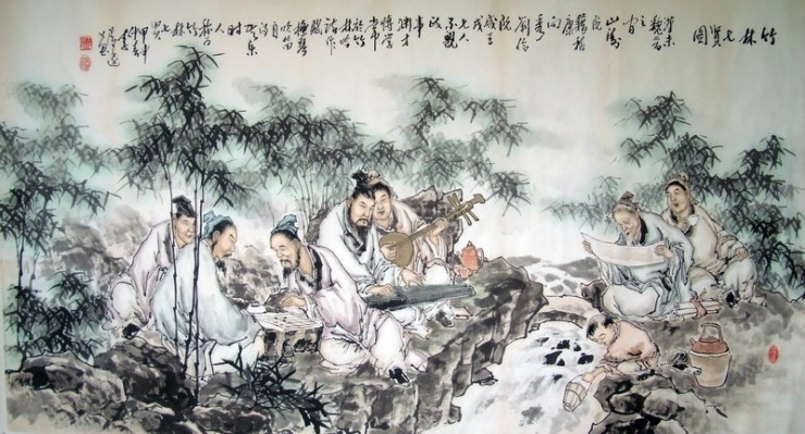 ‘죽림칠현도’. 앞줄 왼쪽에서 거문고를 타는 혜강.