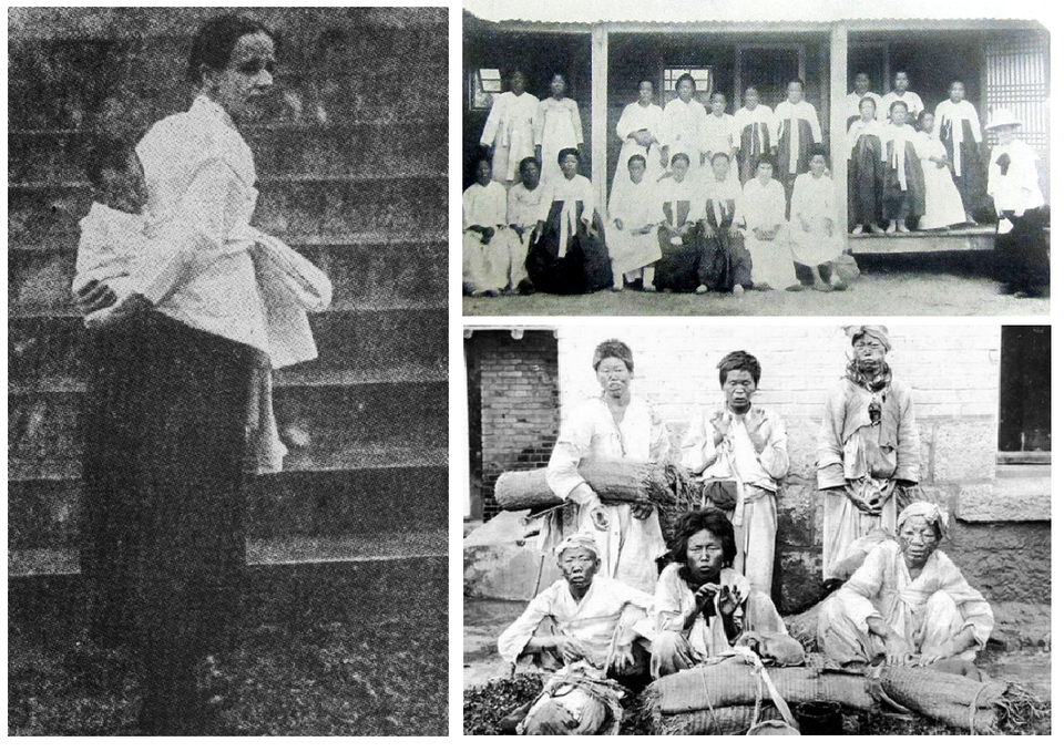 한복과 검정 고무신을 신은 서서평 선교사, 오른쪽 위, 1914년 여성들과 함께 아래 돌보던 나병환자들