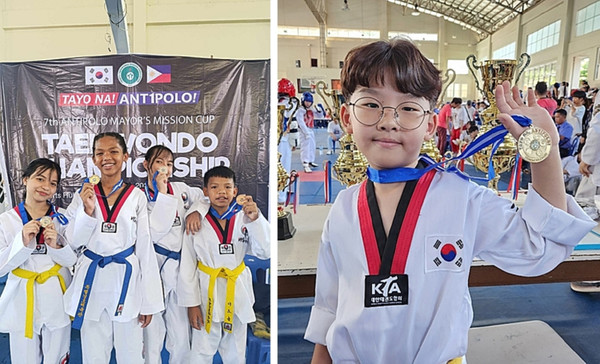 열방선교태권도팀 선수들(왼쪽)과 오예건 선수./사진제공=오준섭 선교사