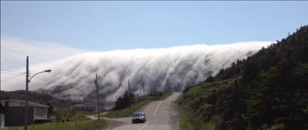 사진_now news/ 짙은 안개가 캐나다 뉴펀들랜드의 레이크 하버 인근 산자락을 넘어오는 모습