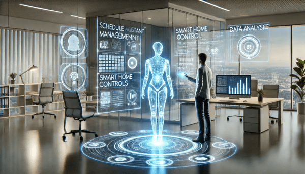 일정 관리, 스마트 홈 제어, 챗봇 상호작용, 데이터 분석 등의 주요 기능을 디스플레이로 보여주며, AI 기술의 미래지향적이고 혁신적인 측면을 강조