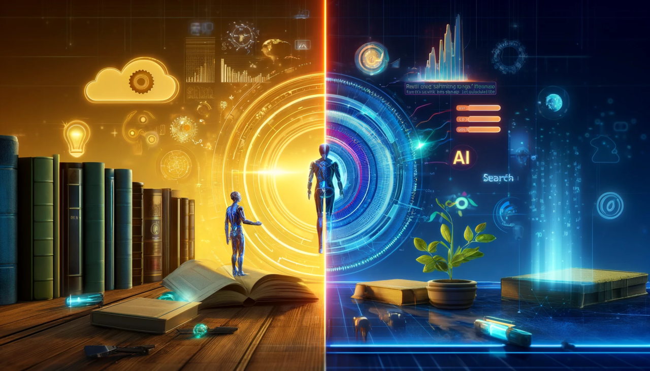 왼쪽 사진: 사전에 학습된 지식에 의존하며 실시간 정보를 활용하지 못하는 전통적인 AI를 보여줍니다.   오른쪽 사진: 실시간 데이터를 동적으로 검색하고 통합하여 정확하고 최신 응답을 제공하는 AI 검색을 나타냅니다.