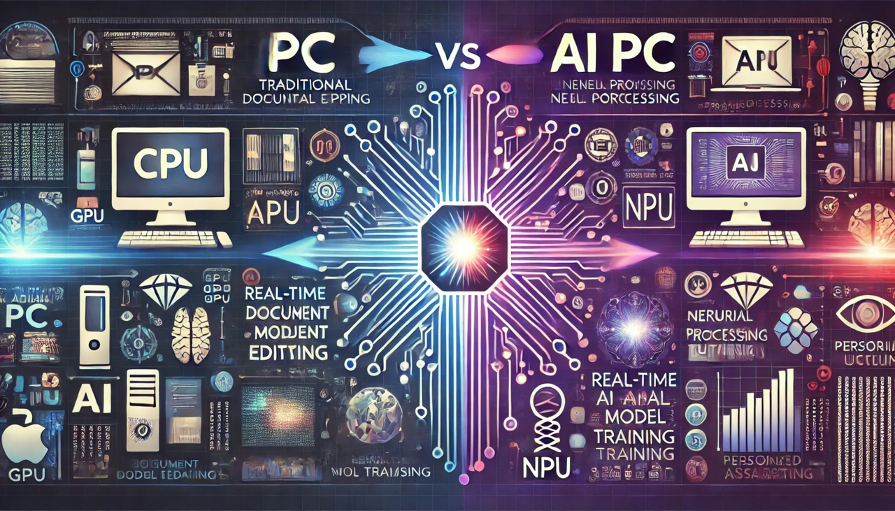 기존 PC: CPU 중심으로 기본 작업(문서 작성, 웹 브라우징 등)에 최적화되어 있으나, 복잡한 데이터 처리와 AI 작업에는 한계가 있음. AI PC: GPU와 NPU 같은 고성능 하드웨어를 탑재해 AI 모델 실행, 데이터 분석, 개인화된 비서 기능을 지원하며, 고도화된 컴퓨팅 환경 제공.변화의 흐름: 기존 PC에서 AI PC로 전환되는 기술적 진보와 디지털 혁신 강조.배경: 빛나는 디지털 요소는 AI PC가 미래 기술의 첨단임을 상징.