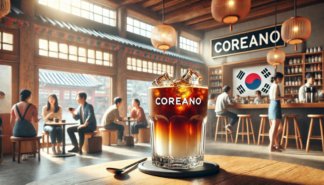 "Coreano": 아이스 아메리카노를 담은 세련된 유리잔과 한국 카페의 활기찬 분위기를 배경으로 한 그림. 잔 위의 텍스트는 한국 커피 문화를 대표하는 심볼로 표현됩니다.
