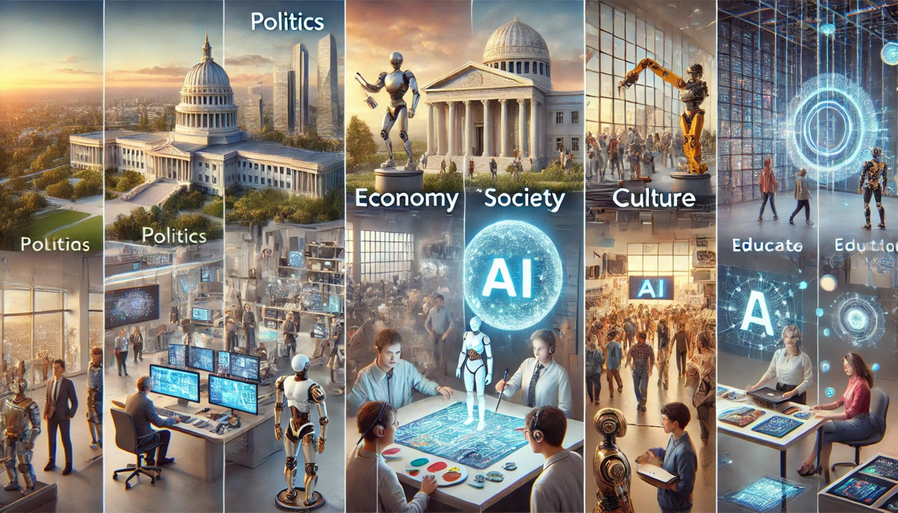 이 그림은 정치(Politics), 경제(Economy), 사회(Society), 문화(Culture), **교육(Education)**의 다섯 가지 영역에서 인간과 인공지능(AI)의 협력과 공존을 사실적으로 표현한 장면입니다.정치 (Politics): 현대적 정부 건물과 디지털 AI 인터페이스가 정책 결정과 행정 효율성을 상징.경제 (Economy): 첨단 기술의 공장에서 로봇 팔이 인간 작업자와 협력하며 산업 생산성을 나타냄.사회 (Society): 사람들이 디지털 기기를 통해 연결되고 협력하는 커뮤니티 공간으로 포용적 AI 활용을 강조.문화 (Culture): 예술가가 AI 도구와 협력해 창작 활동을 하는 모습은 인간 창의성과 기술의 융합을 보여줌.교육 (Education): 학생들이 AI 홀로그램 교사와 함께 학습하는 미래 지향적인 교실은 기술과 인간 교육의 조화를 표현.