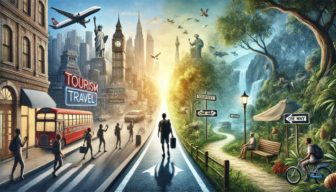 이 그림은 "투리스트와 트래블러"의 개념을 시각적으로 표현한다.왼쪽: 도시 풍경으로, 유명한 랜드마크와 사람들이 관광지에서 사진을 찍거나 바쁘게 움직이는 모습이 보인다. 이는 계획된 일정과 정해진 코스를 따르는 투리스트의 삶을 상징한다.오른쪽: 자연 속 한적한 길을 걷는 트래블러의 모습이 보인다. 그가 있는 환경은 자유롭고 조용하며, 자연과 깊이 연결된 경험을 나타낸다.중앙: 두 장면이 부드럽게 연결되며, 투리스트의 시각에서 트래블러로 전환되는 과정을 표현한다.