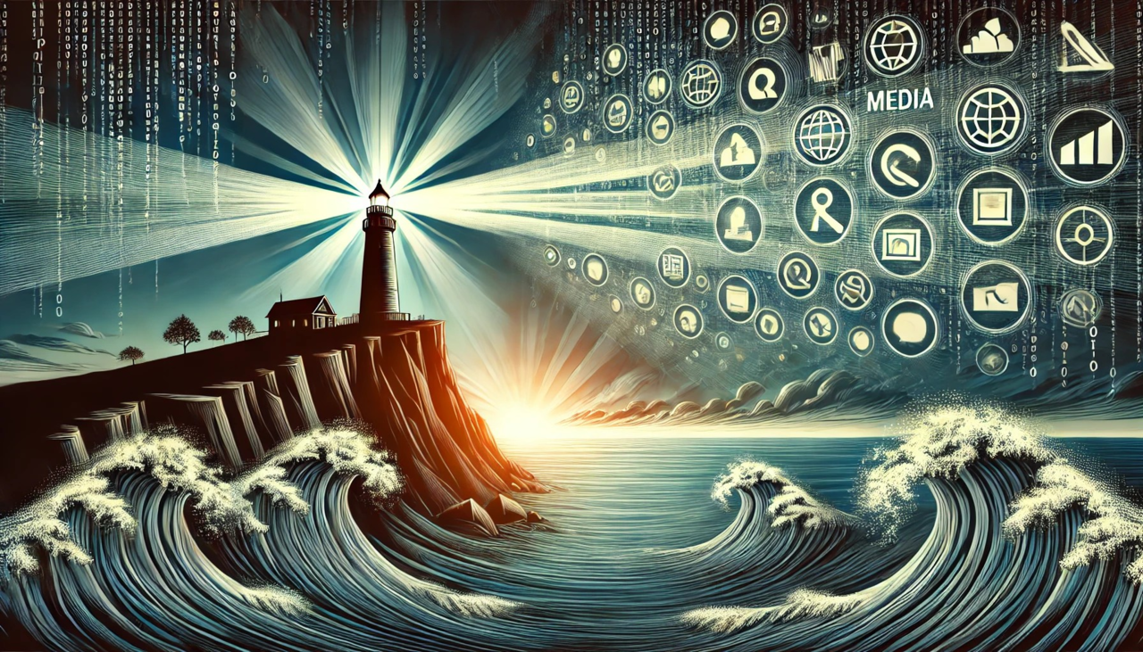 등대를 중심으로 어두운 디지털 바다를 비추는 장면입니다. 폭풍우 속에서 등대는 윤리적 언론을 상징하며, 빛은 혼란 속에서 진실과 방향을 제시합니다. 바다에는 코드와 미디어 아이콘이 떠다니며, 현대 미디어 환경의 복잡성을 표현합니다. 이 이미지는 혼돈 속에서도 희망과 명료함을 제공하는 언론의 역할을 강조합니다.