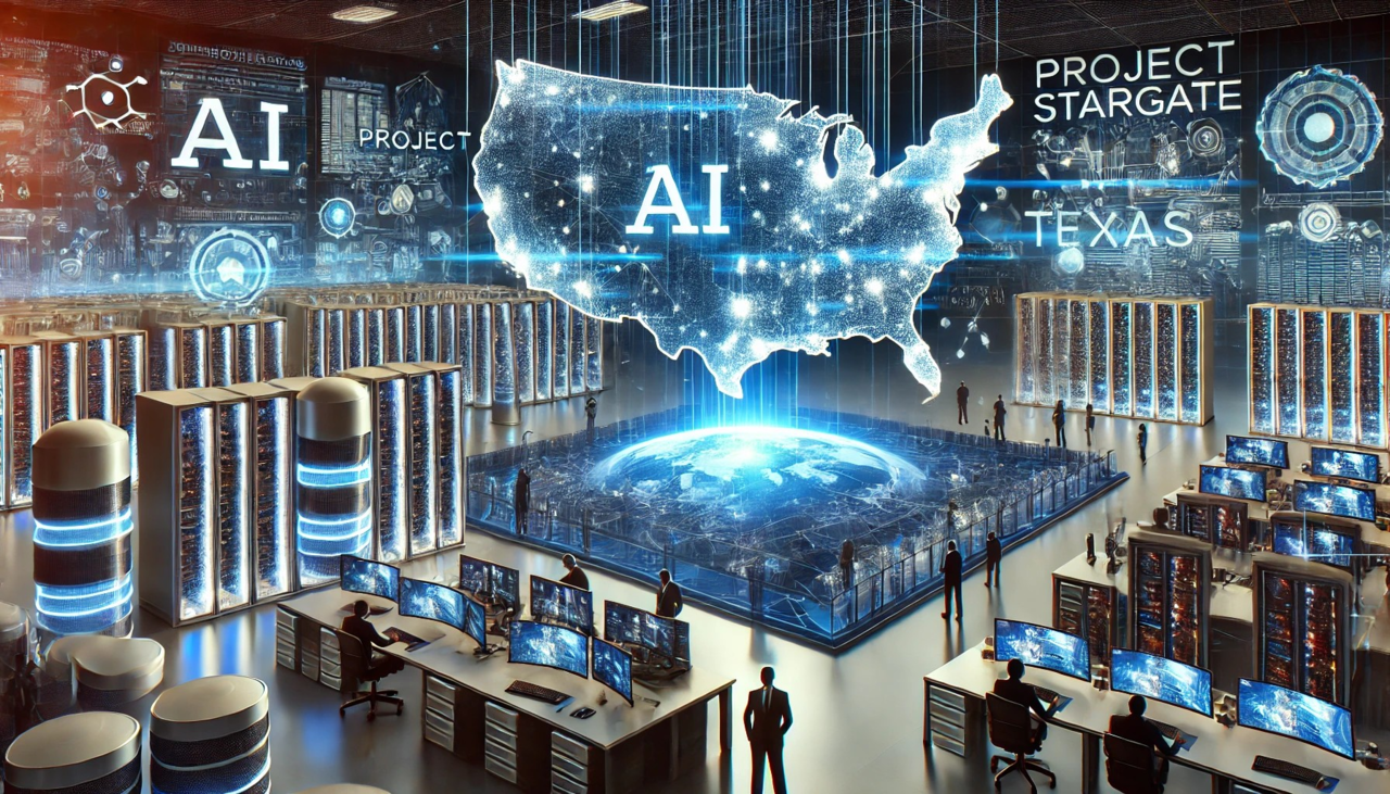 '프로젝트 스타게이트(Project Stargate)'의 혁신적인 AI 인프라를 상징적으로 나타냅니다. 텍사스를 중심으로 미국 전역에 데이터 센터가 연결된 모습과 함께, 고급 로봇 시스템과 협업 중인 사람들이 기술과 리더십을 강조합니다. 빛나는 파란 불빛과 디지털 코드는 미래지향적이고 첨단적인 분위기를 강화합니다. 이 이미지는 미국의 AI 기술 리더십과 국가적인 기술 혁신의 비전을 시각적으로 표현합니다.