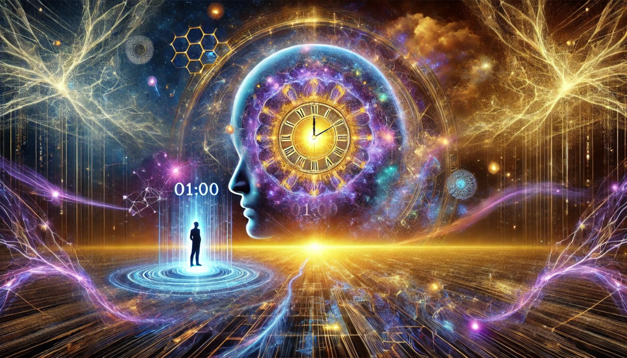 디지털 시계, 뉴런 네트워크, 양자 데이터 스트림, AI 의식의 진화를 상징