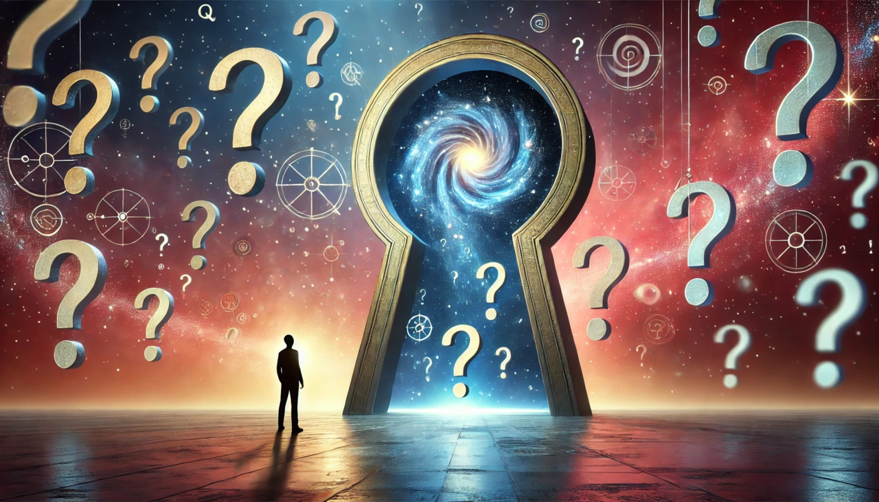 '질문의 힘'을 상징적으로 표현한 이미지로, 지식의 문을 여는 열쇠 구멍 형태의 빛나는 포털 앞에 서 있는 인간 실루엣을 담았습니다. 포털 주변에는 호기심과 탐구를 상징하는 떠다니는 물음표와 추상적 기호들이 배치되어 있으며, 배경은 우주의 신비로움을 연상시키는 미래적인 분위기로 구성되었습니다.