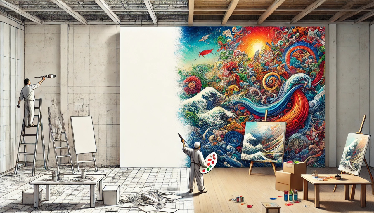 '회사후소(繪事後素)'**의 개념을 표현한 그림.왼쪽: 완전히 빈 흰색 캔버스가 배치되어 있으며, 이는 ‘소(素)’를 상징하며 기초, 순수함, 준비 과정을 나타냅니다.오른쪽: 한 예술가가 정교하고 다채로운 작품을 그리고 있으며, 이는 ‘회사(繪事)’를 상징합니다.이 그림은 창작, 학문, 기술 등 모든 분야에서 기본(素)이 선행되어야 비로소 완성(繪)이 가능함을 시각적으로 설명.