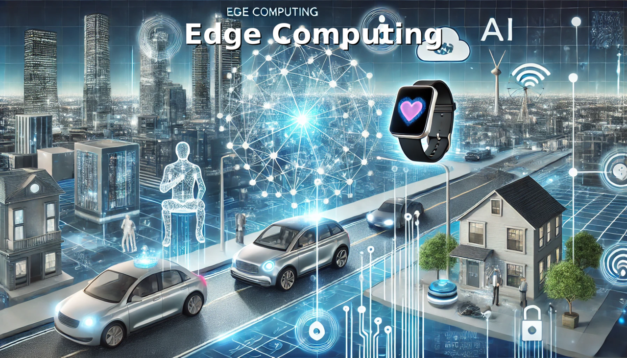 엣지 컴퓨팅과 AI가 실생활에서 활용되는 모습을 담은 미래형 디지털 도시 풍경. 자율주행차, 실시간 건강 모니터링 스마트워치, AI 얼굴 인식 스마트폰, 스마트홈 기기 등이 실시간 데이터 처리 흐름과 함께 표현.