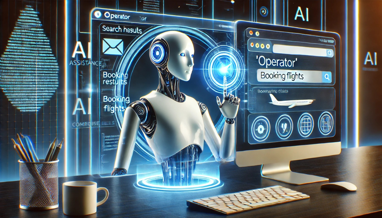 AI 'Operator'가 웹 브라우저를 제어하며 항공편 예약, 이메일 작성 등 다양한 작업을 수행하는 미래지향적인 장면.