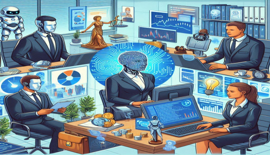 미래 사무실에서 AI가 법률, 개발, 금융 전문가들의 업무를 지원하는 협업 장면