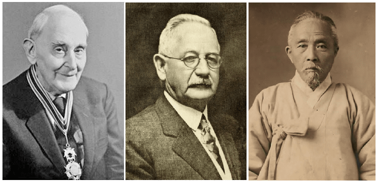 왼쪽 첫 번째 석호필 선교사에게 영향을 준 에비슨 선교사, 월남 이상재 선생