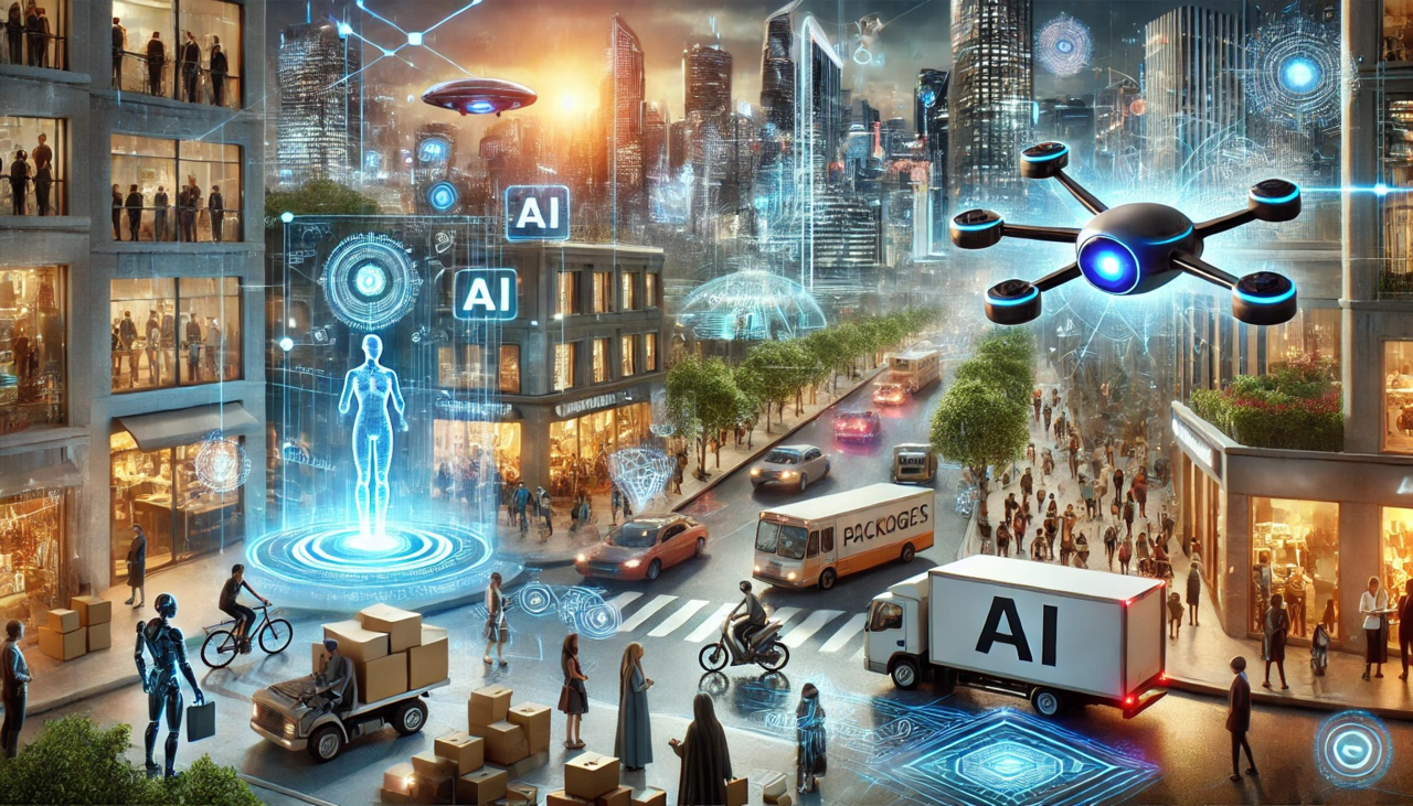 미래 도시에서 AI가 일상에 자연스럽게 통합된 모습과 AI 비서, 자율 드론, AI 로봇 등이 사람들과 협력하는 모습