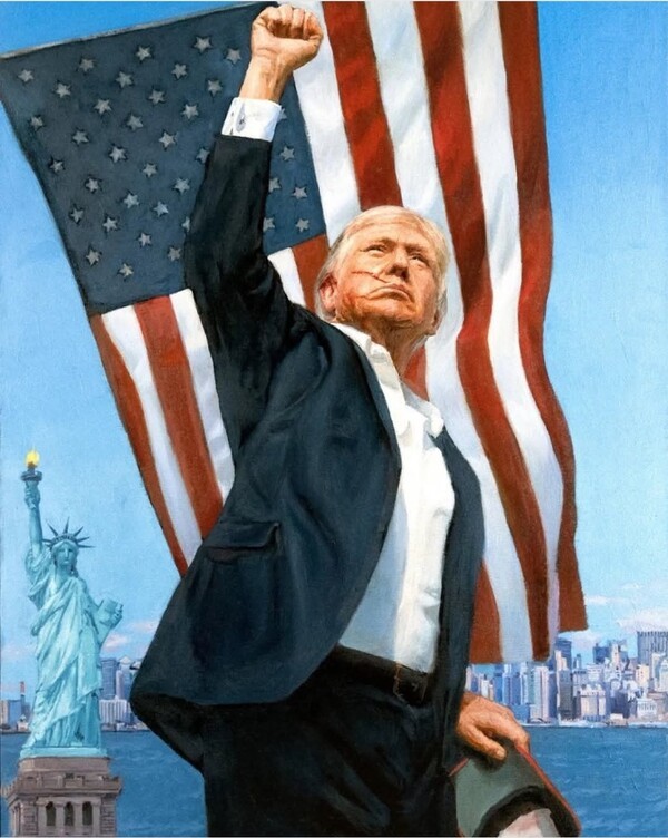 DT의 막내 자제인 배런 트럼프가, 자신의 SNS에 공유한 성조기를 배경으로 총기 저격시 흘린 피묻은 모습의 DT.