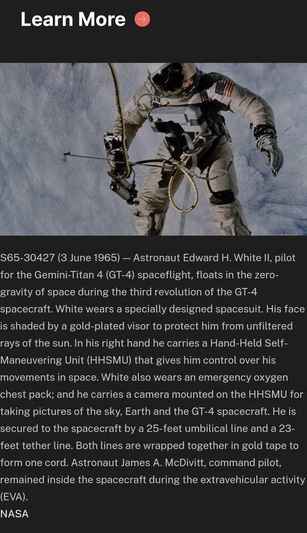 NASA가 공개하고 공유한 최초 우주유영인 모습