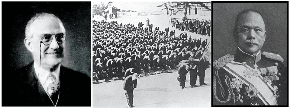 순서대로 맥큔 선교사, 당시 학생들의 신사 참배 모습, 우가키 가즈시게 총독